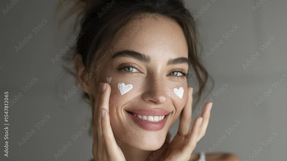 Cheerful Woman Applying Cream to Face with Joyful Expressions in Bright Setting Cheerful Woman Applying Cream to Face with Joyful Expressions in Bright Setting