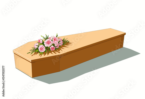 Coffin with pink flowers on top in a simple style  