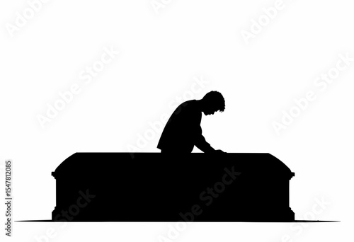 Man grieving while leaning on coffin in silhouette against white background  