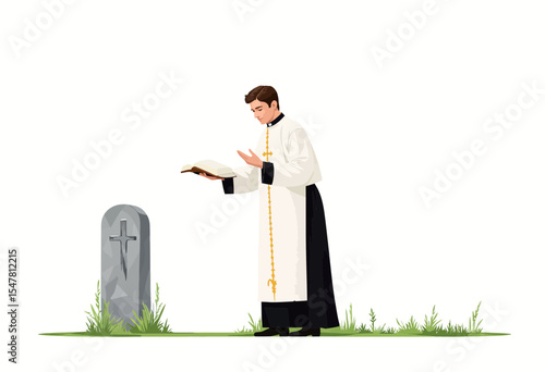 Priest reading prayers at a gravestone in a grassy cemetery  