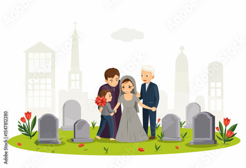 Cartoon family visiting gravesite on a cloudy day with flowers  