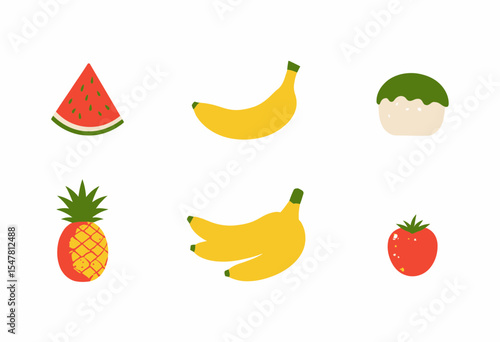 Colorful fruit illustrations including watermelon, bananas, and pineapple  