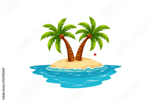 Tropical island with two palm trees surrounded by blue water  