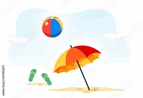 Colorful beach umbrella with flip flops and beach ball on sand  