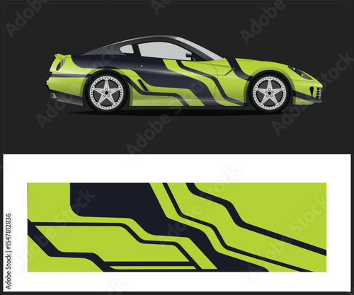 Lime Green and Black Sports Car with Abstract Graphic Wrap Design
