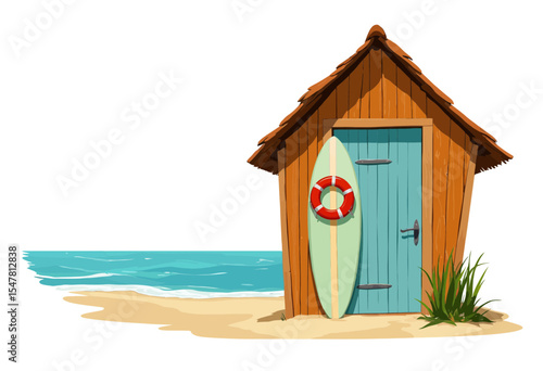 Beach hut with surfboard and lifebuoy by the ocean shore  