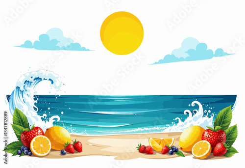 Vibrant beach scene with waves, fruits, and sunny sky  