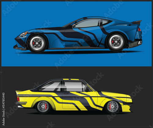 Two stylized cars with unique color schemes and racing modifications displayed side by side