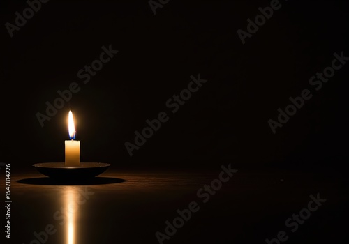 Solemn single candle lit in complete darkness with a warm reflection, symbolizing hope, remembrance, faith, and meditation.