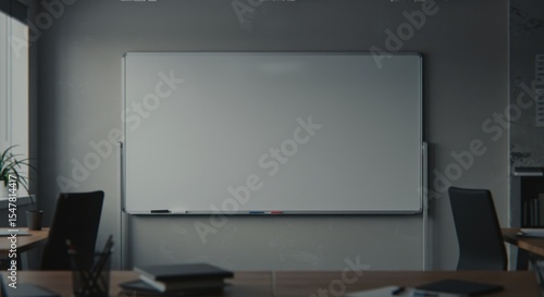 Office Scene: Empty Whiteboard, Desks, and Chairs in a Quiet, Gray Room.
