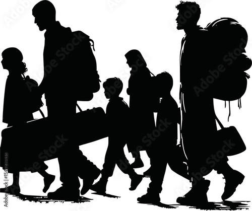 Silhouette of war refugees walking with luggage and children vector style on white background