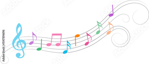 Colorful music notes with swirls, isolated vector illustration.