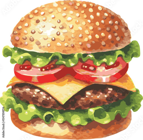 Vector watercolor painted illustration of a hamburger