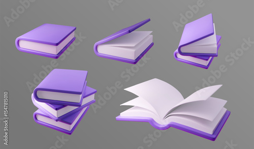 3d Vector illustration of stylized purple books in various positions and angles. Ideal for educational themes, library promotions, or reading campaigns. Perfect for digital and print use.