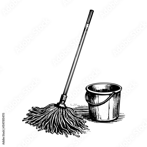 Mop and bucket sketch engraving black and white outline. Scratch board imitation. illustrated in vintage line art style on a white background.