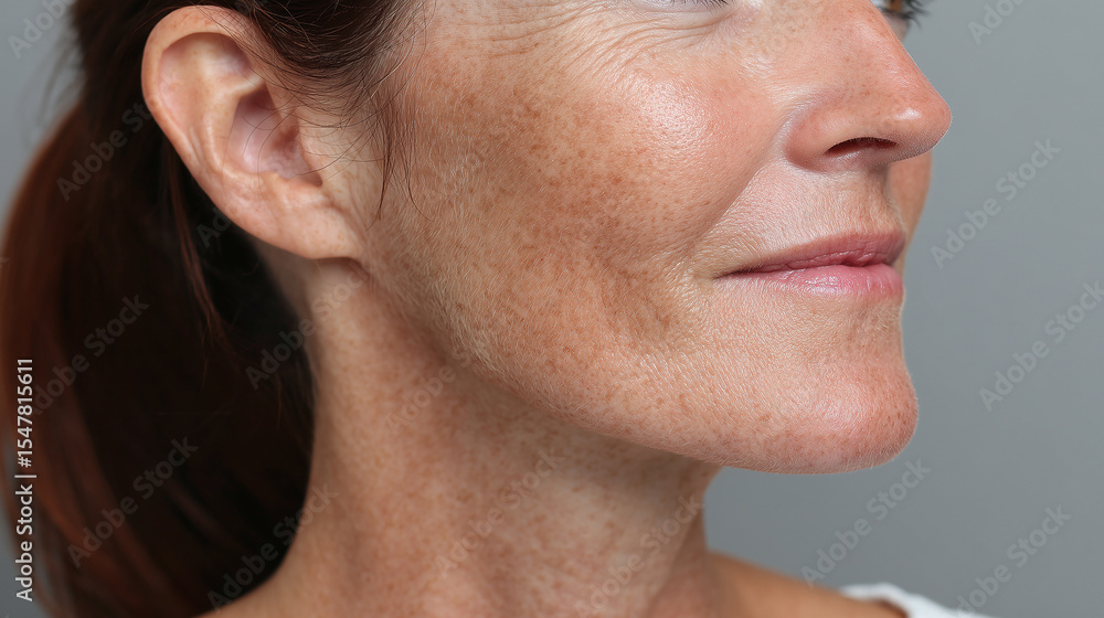 Obraz premium Portrait jawline skin face woman close up natural healthy calm beauty side view female adult skin texture cheek ear lips nose brown hair smooth wellness profile expression detail person human skin