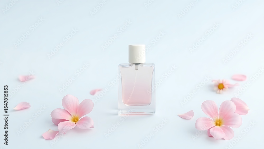 Pink perfume bottle with delicate flowers and petals Pink perfume bottle with delicate flowers and petals