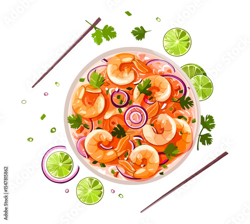 Vector illustration of shrimp salad with lime and cilantro on a plate with chopsticks