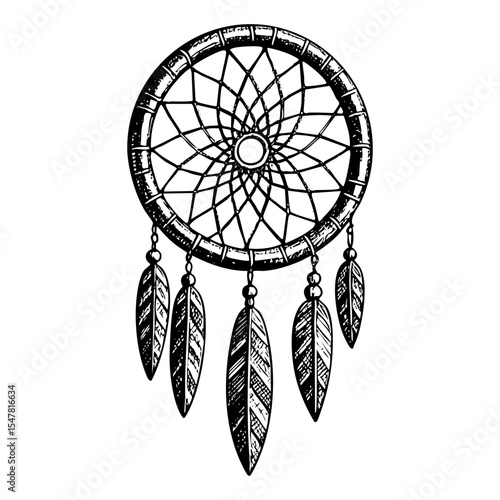 Dream catcher sketch engraving black and white outline. Scratch board imitation.  illustrated in vintage line art style on a white background.