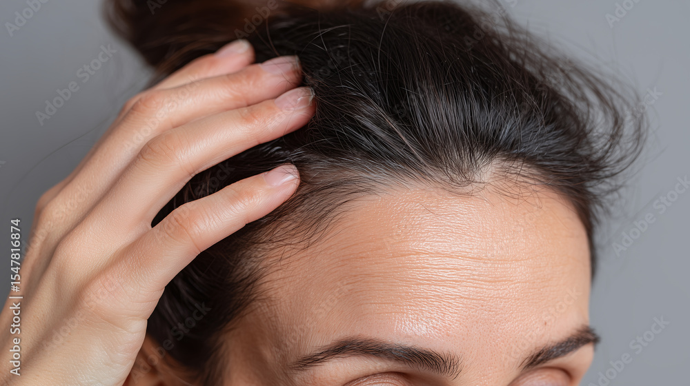 Fototapeta premium Close up portrait of forehead with hand touching hair, showing clear skin texture and natural beauty in soft lighting, conveying calm and gentle emotion