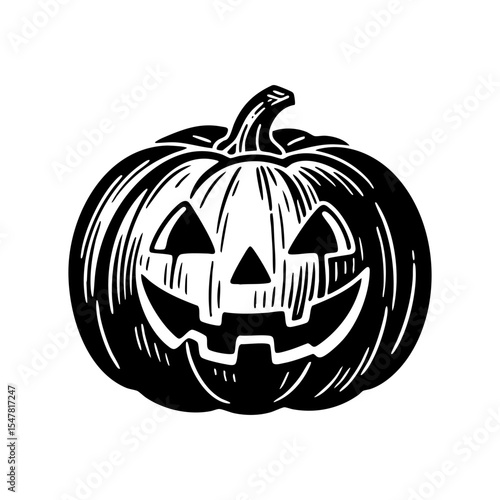 jack o lantern pumpkin sketch engraving black and white outline. Scratch board imitation.  illustrated in vintage line art style on a white background.