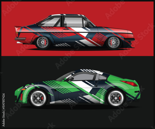 Two Cars with Custom Racing Livery Designs on Red and Black Backgrounds