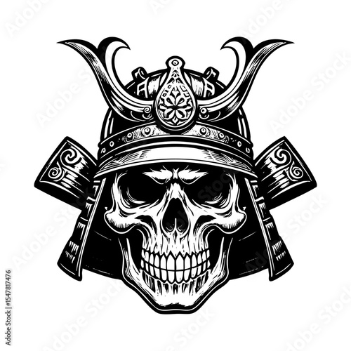 skull wear samurai helmet engraving black and white outline. Scratch board imitation.