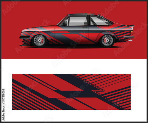 Classic Car with Custom Red and Black Racing Stripe Wrap Design