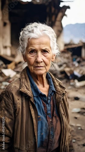 Distressed older woman with white hair stands in ruins, wearing a dirty brown jacket and blue shirt in a destroyed neighborhood.