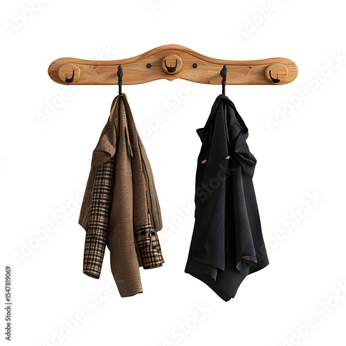 Wooden wall-mounted coat rack with hanging jackets isolated on transparent background