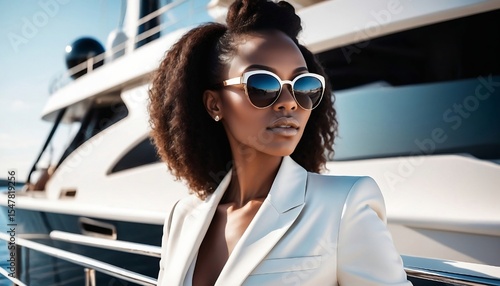  portrait of a stylish modern black woman wearing luxury sunglasses and elegant high fashion clothes on luxury yacht, created with generative ai