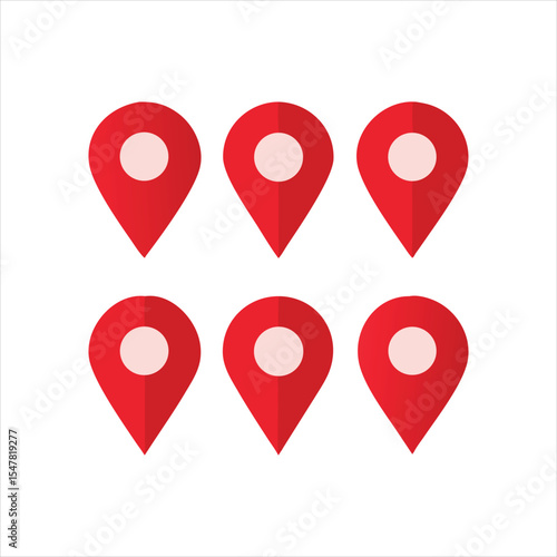 A set of 3D red map pointer icons for navigation and location illustration