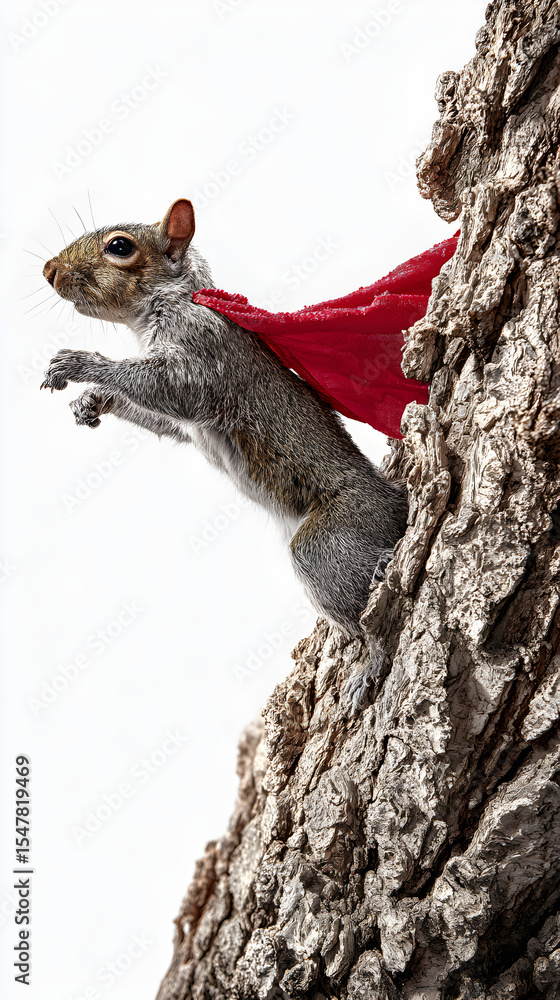 Fototapeta premium Cute Squirrel with a Red Cape on a Tree