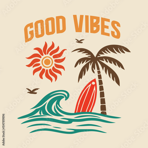 Beach good vibes. Enjoy beach life. Sunshine paradise graphic print design. Sunshine beach club for t shirt print, Surfing board.
