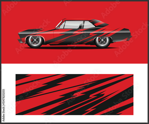 Red and Black Classic Car with Racing Stripes and Decal Design