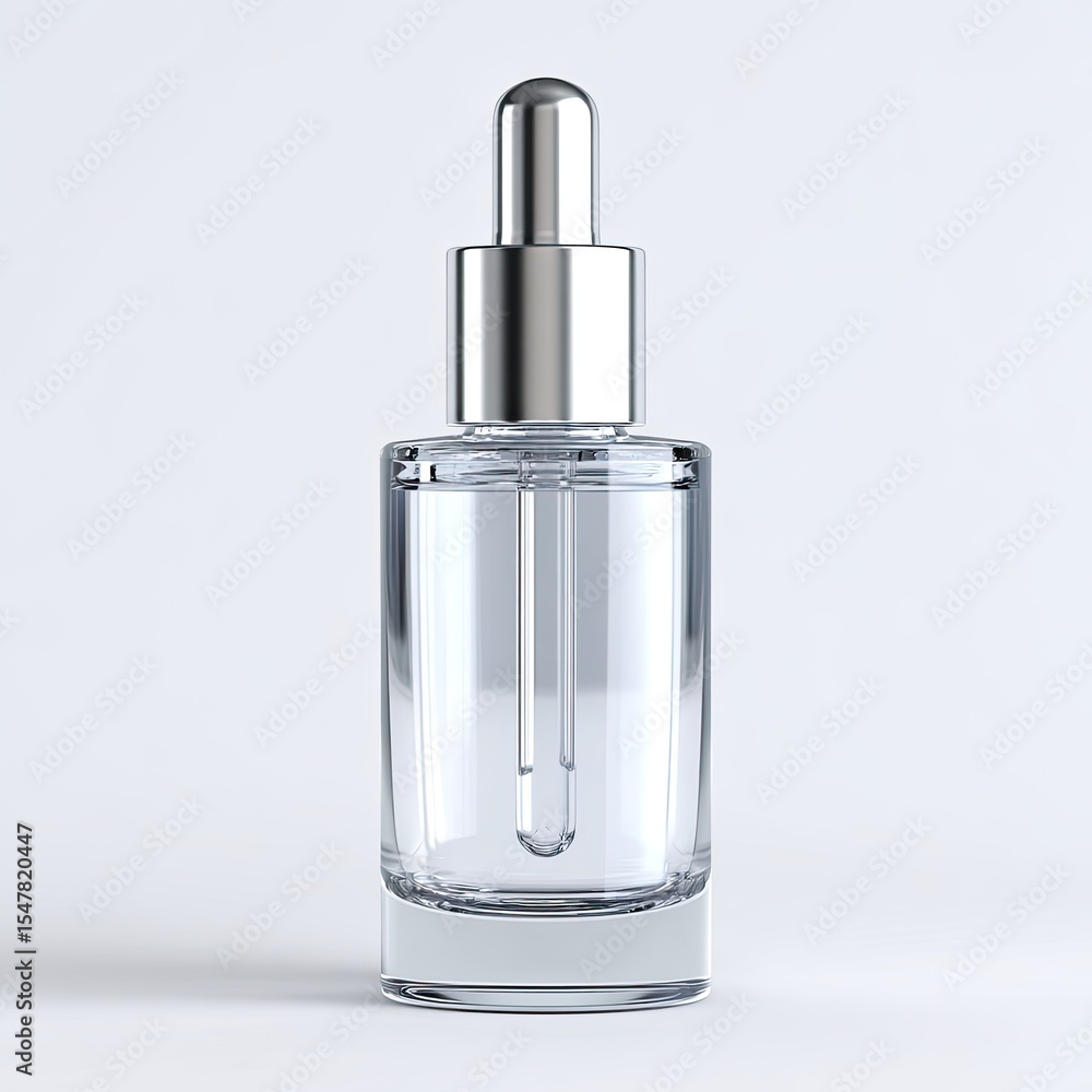Clear glass dropper bottle. A cylindrical glass bottle with a chrome dropper top. Features a wide base and is clear, showcasing the contents inside Clear glass dropper bottle. A cylindrical glass bottle with a chrome dropper top. Features a wide base and is clear, showcasing the contents inside