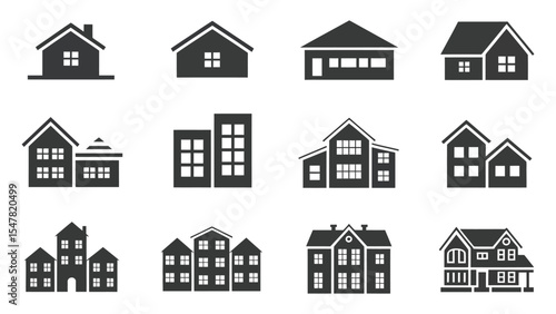 collection of black silhouette house and building icons representing diverse residential and urban architecture for real estate design