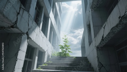 Sunlight piercing through a cracked, abandoned building with a resilient tree growing on the stairs
