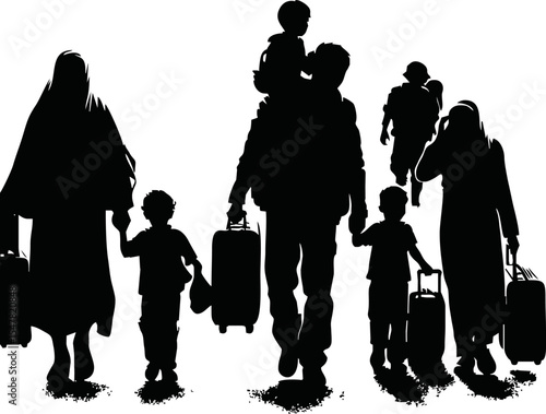 Silhouette of war refugees walking with luggage and children vector style on white background
