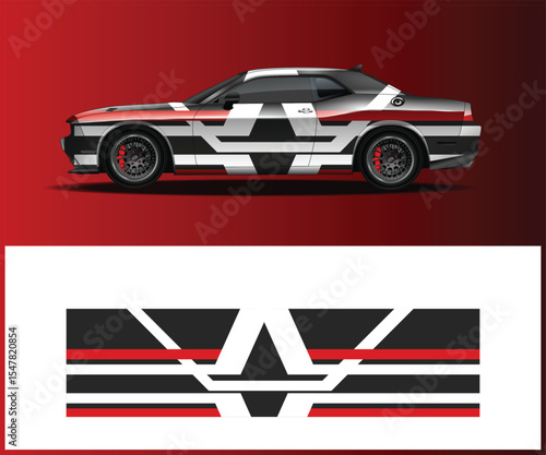 Sporty Car with Abstract Black and White Graphic Design on Red Background