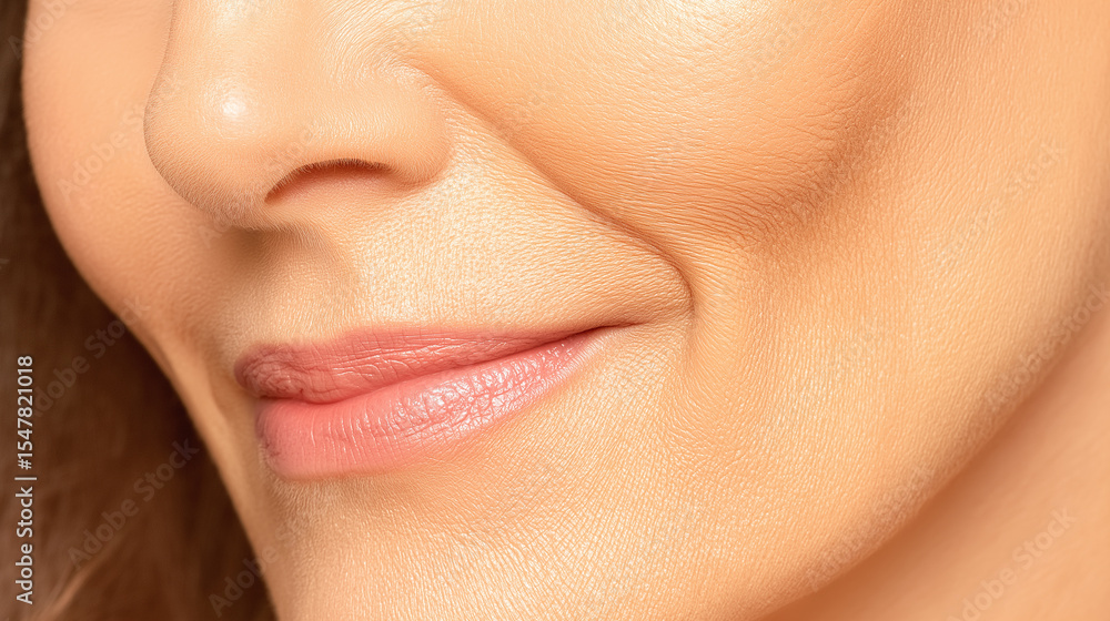 Fototapeta premium Close up of smiling person lower face showing smooth skin texture, natural lip color, and subtle facial lines with warm lighting creating soft and calm expression