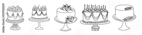 Set of hand drawn birthday cakes. Vintage cake illustrations with candles, floral decor and whipped cream. Perfect for coloring pages, baking blogs, party printables