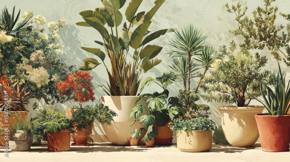 Fototapeta premium Lush outdoor garden with diverse potted plants and greenery against light wall