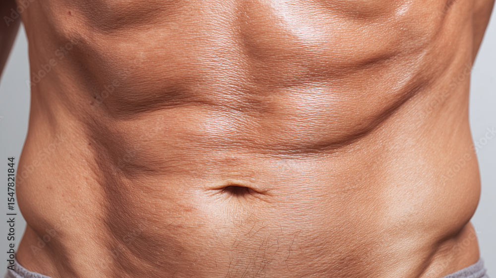 Muscular male abdomen with defined six pack abs and visible skin texture, showing healthy skin tone and natural body hair in close up view Muscular male abdomen with defined six pack abs and visible skin texture, showing healthy skin tone and natural body hair in close up view