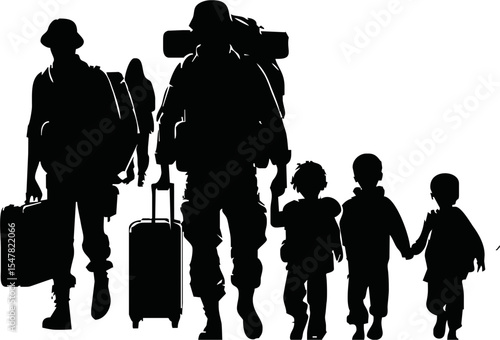 Silhouette of war refugees walking with luggage and children vector style on white background