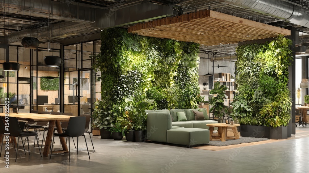 Fototapeta premium Modern indoor workspace featuring greenery, comfortable seating, and a collaborative atmosphere, ideal for productivity and relaxation.