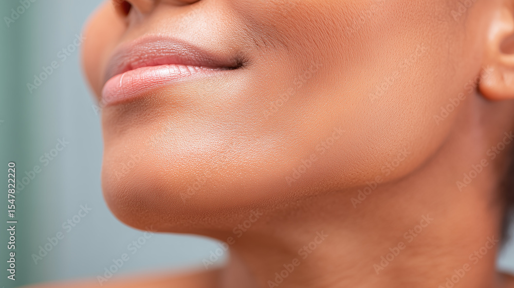 Obraz premium Smooth skin close up of chin and jaw curve with natural lips and healthy complexion, showing soft texture and gentle light on face