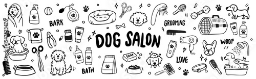 Set of hand drawn vector dog salon, dog grooming doodle collection
