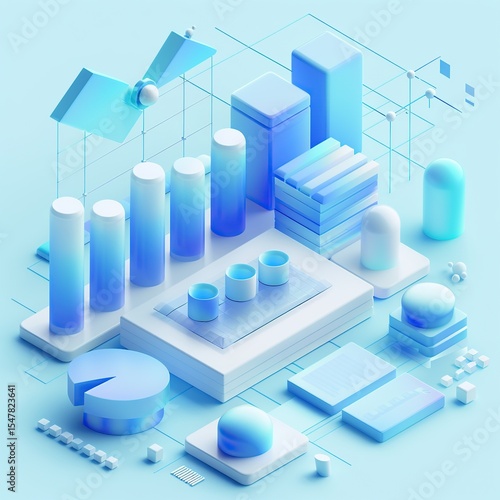 Futuristic business data visualization with glowing blue 3D bars