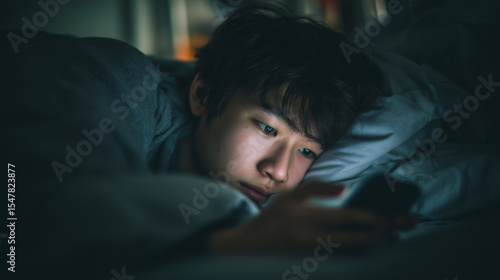 夜更かしで画面を見つめる男性の温かなベッドタイム | 青い光